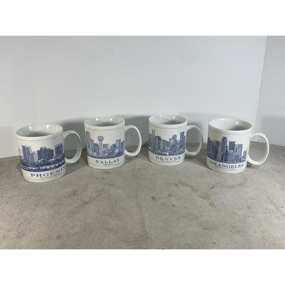 Starbucks Blue Print City Mug Set Of 4 Dallas,Phoenix,Denver,Los Angeles 18fl Oz